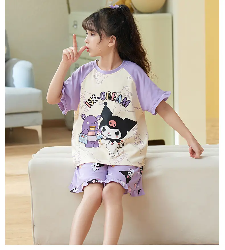 Girls Cartoon Pajamas Summer Cotton Red White Medium — feature 12
