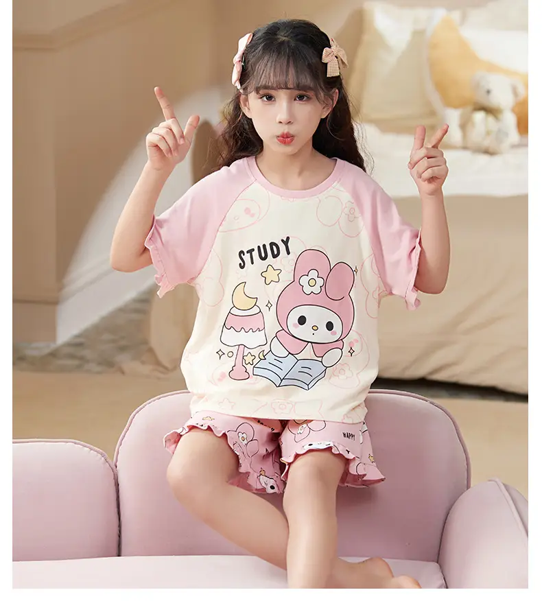 Girls Cartoon Pajamas Summer Cotton Red White Medium — feature 14