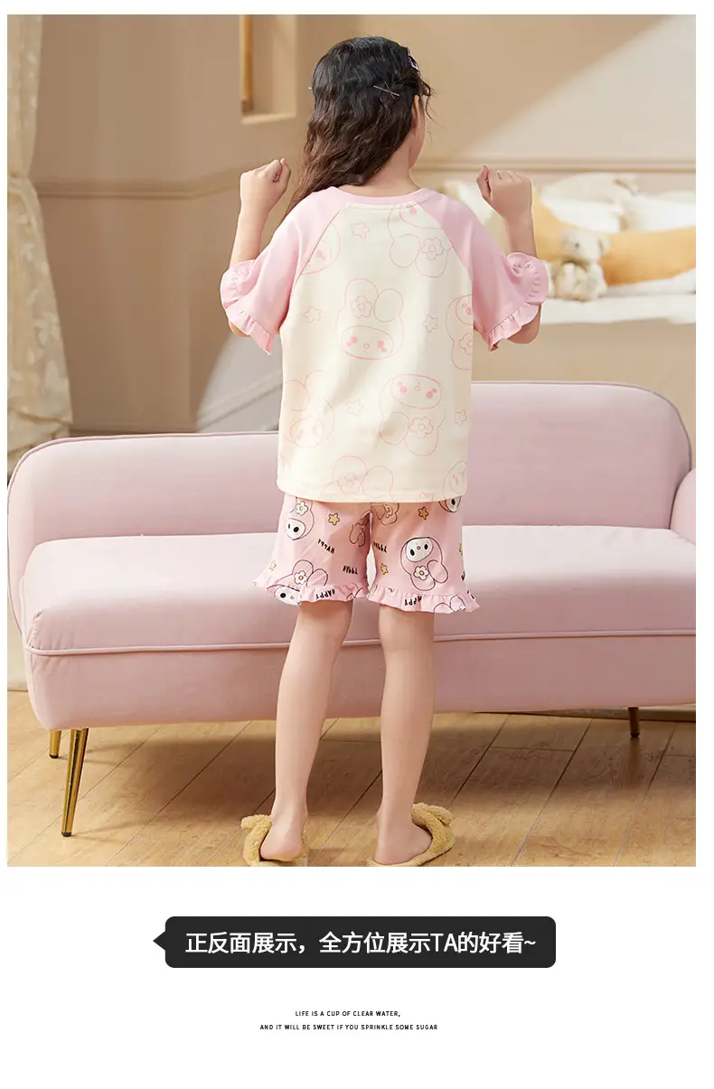 Girls Cartoon Pajamas Summer Cotton Red White Medium — feature 15