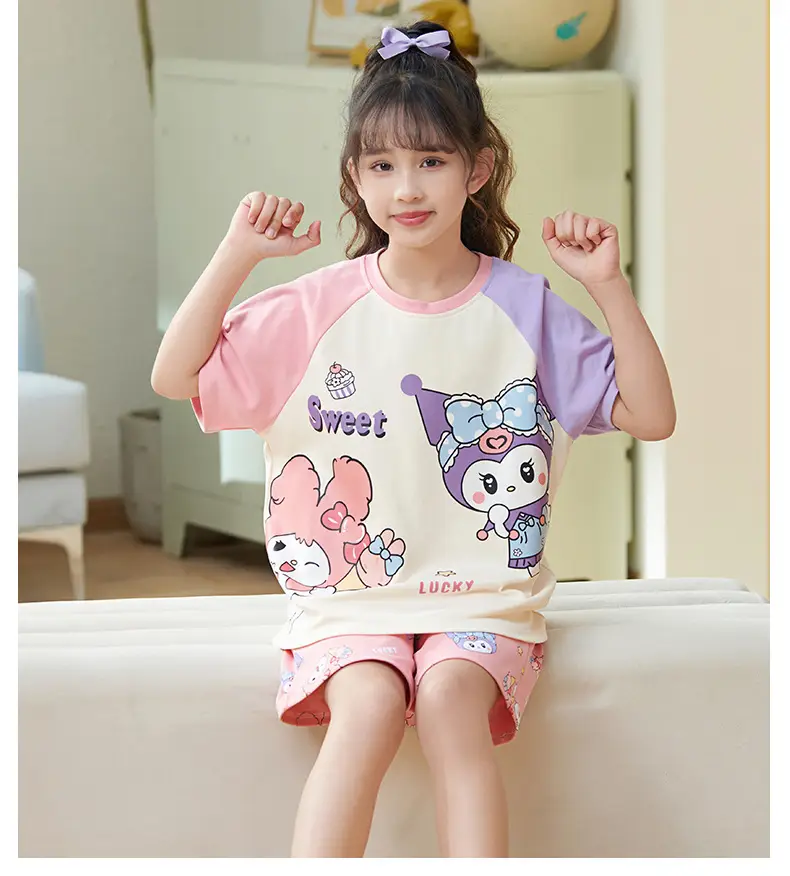 Girls Cartoon Pajamas Summer Cotton Red White Medium — feature 16