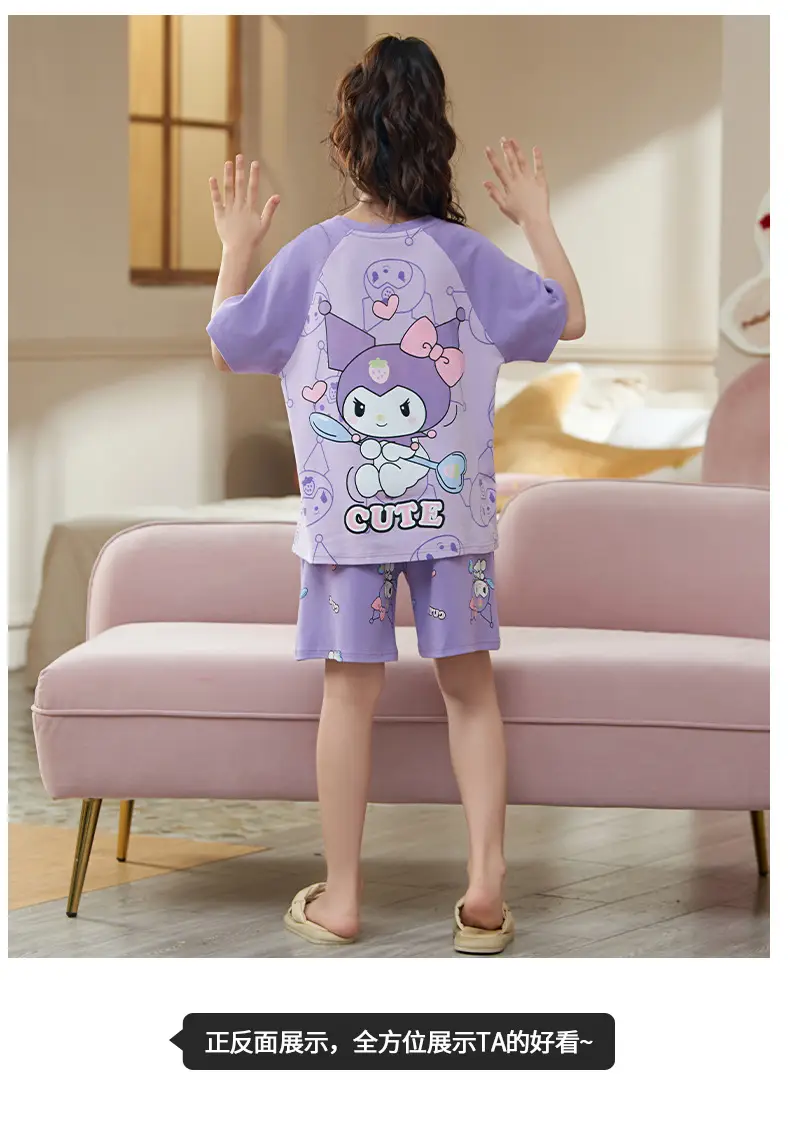 Girls Cartoon Pajamas Summer Cotton Red White Medium — feature 19