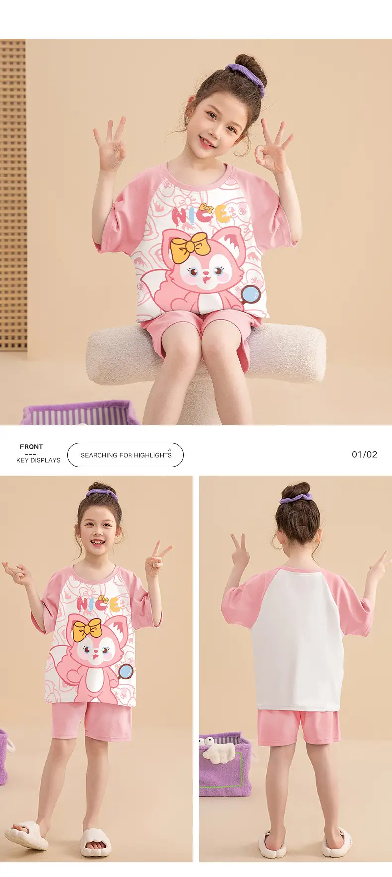 Girls Cartoon Pajamas Summer Cotton Red White Medium — feature 22