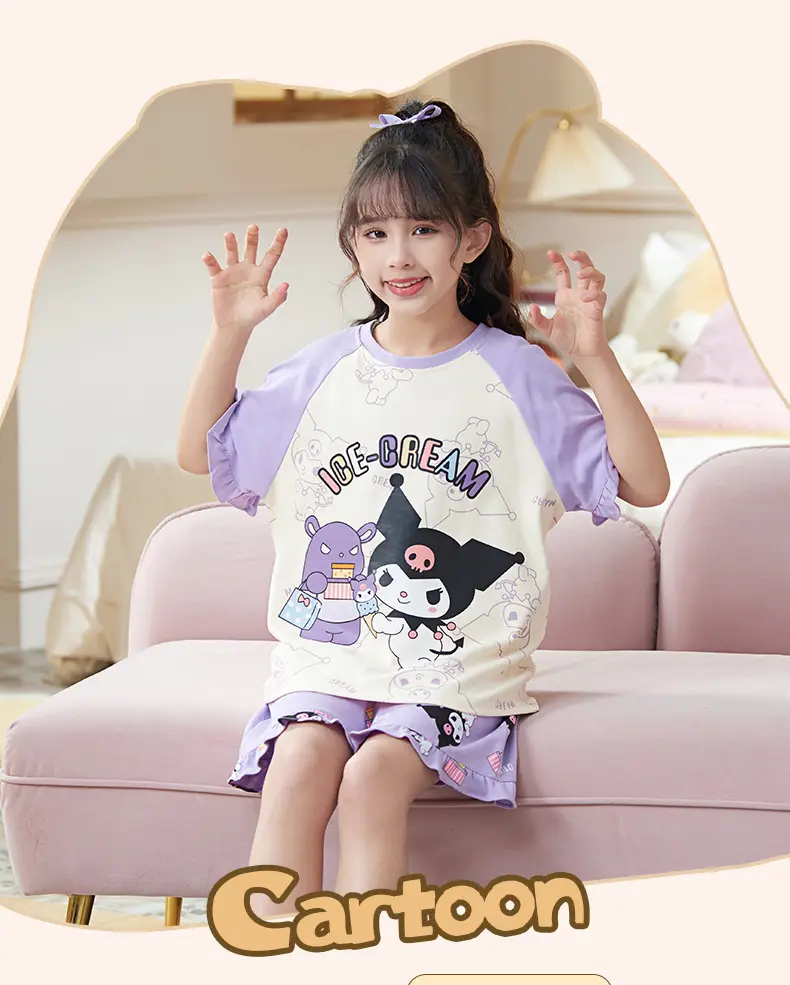 Girls Cartoon Pajamas Summer Cotton Red White Medium — feature 3