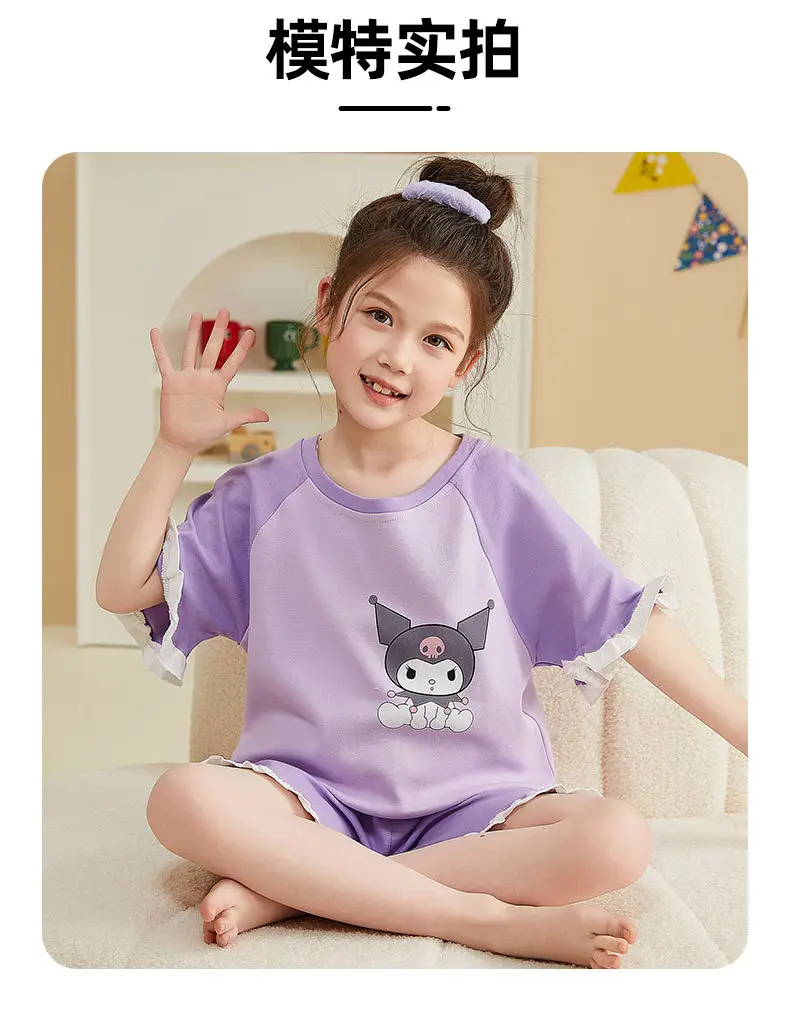 Girls Cartoon Pajamas Summer Cotton Red White Medium — feature 32