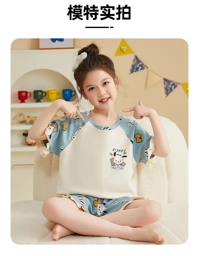 Girls Cartoon Pajamas Summer Cotton Red White Medium — feature 36