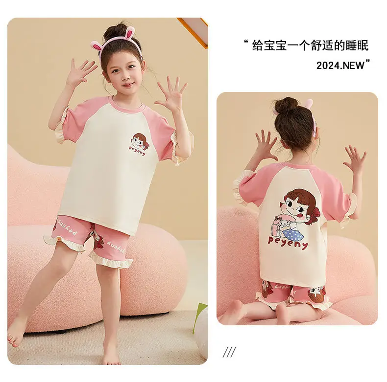 Girls Cartoon Pajamas Summer Cotton Red White Medium — feature 39