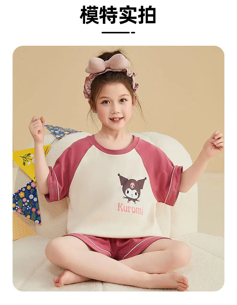Girls Cartoon Pajamas Summer Cotton Red White Medium — feature 42
