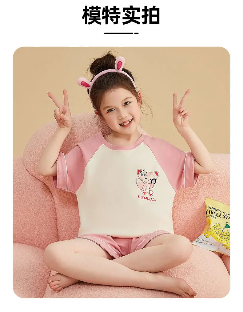 Girls Cartoon Pajamas Summer Cotton Red White Medium — feature 44