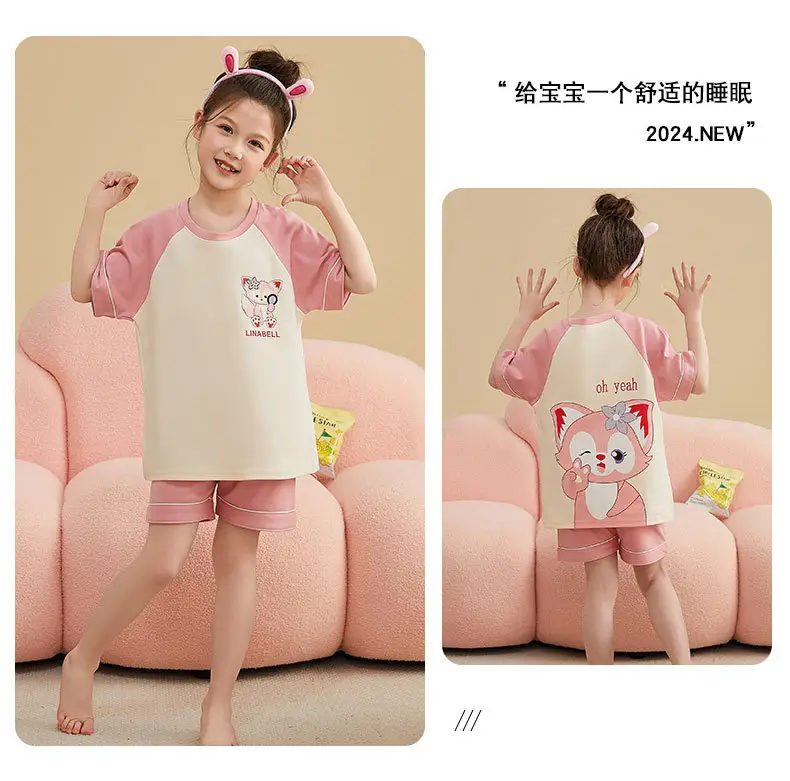 Girls Cartoon Pajamas Summer Cotton Red White Medium — feature 45