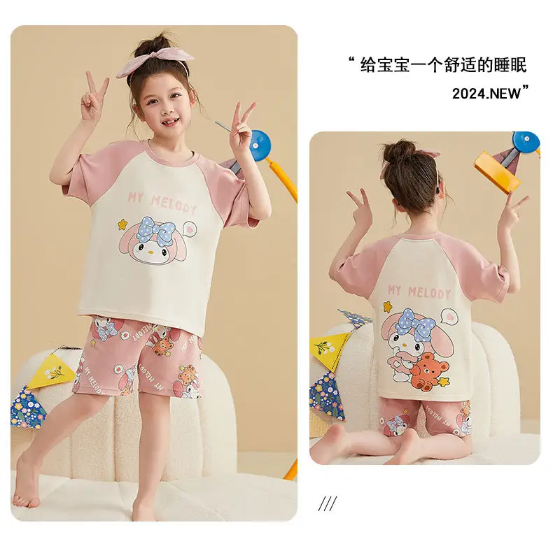 Girls Cartoon Pajamas Summer Cotton Red White Medium — feature 47