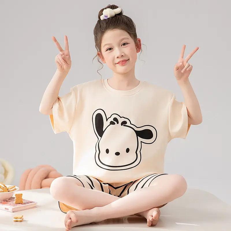 Girls Cartoon Pajamas Summer Cotton Red White Medium