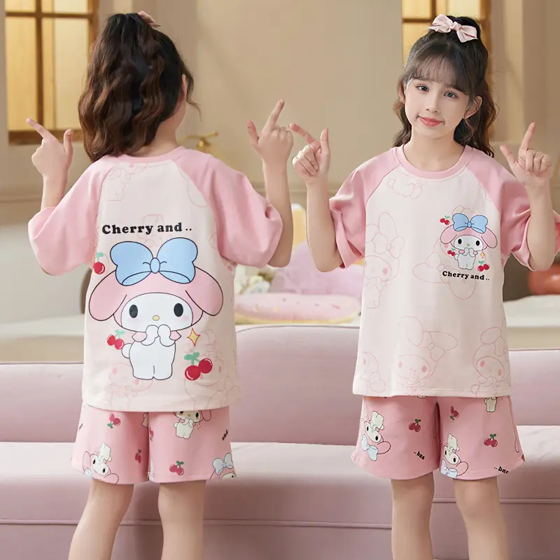 Girls Cartoon Pajamas Summer Cotton Red White Medium
