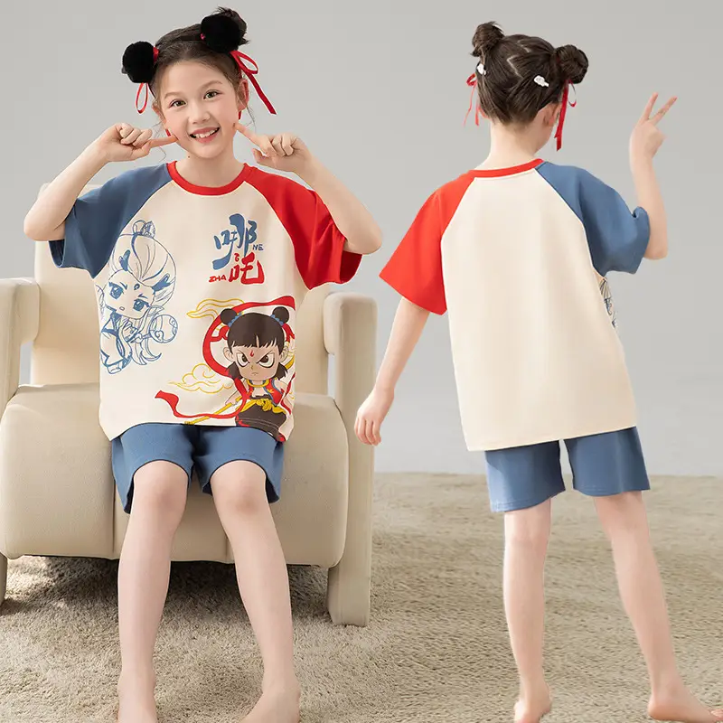 Girls Cartoon Pajamas Summer Cotton Red White Medium