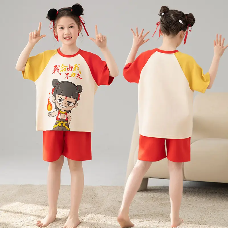 Girls Cartoon Pajamas Summer Cotton Red White Medium