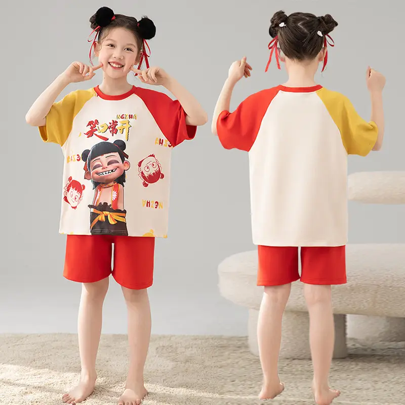 Girls Cartoon Pajamas Summer Cotton Red White Medium
