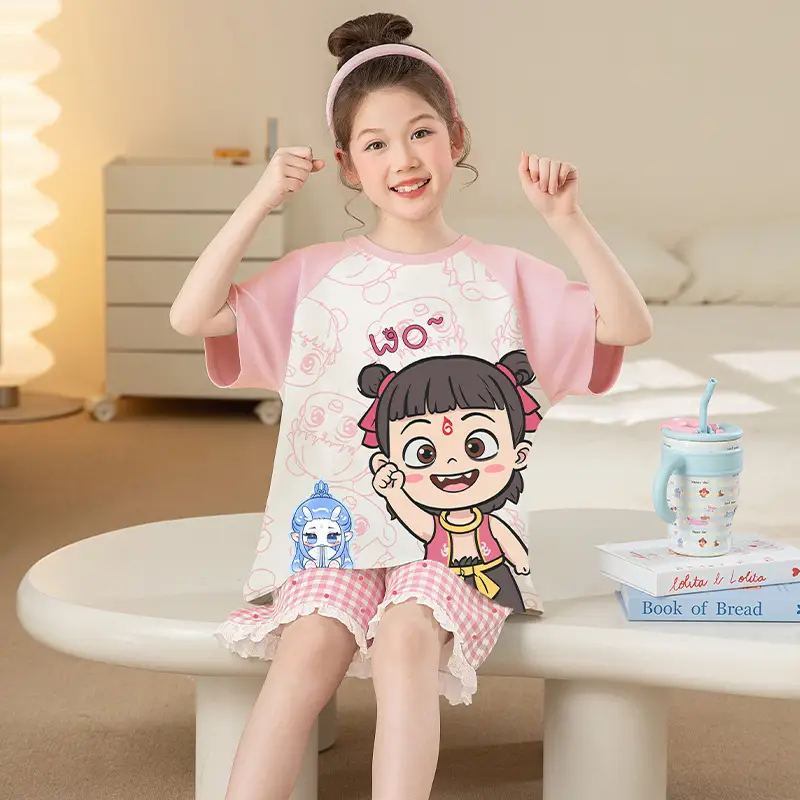 Girls Cartoon Pajamas Summer Cotton Red White Medium