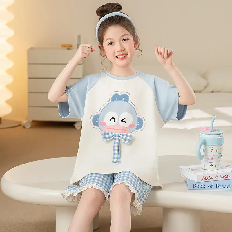 Girls Cartoon Pajamas Summer Cotton Red White Medium