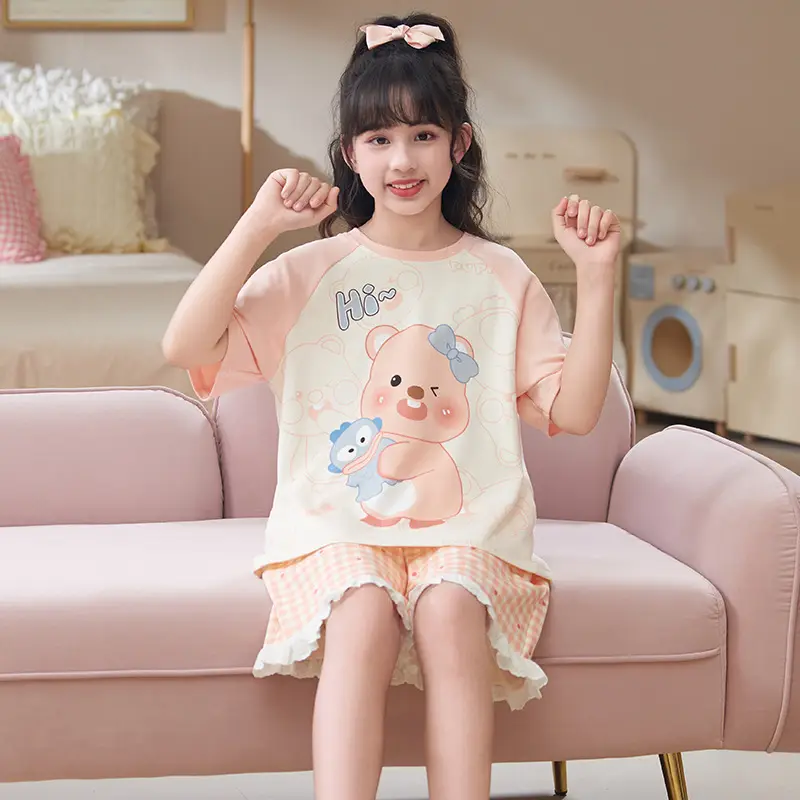 Girls Cartoon Pajamas Summer Cotton Red White Medium