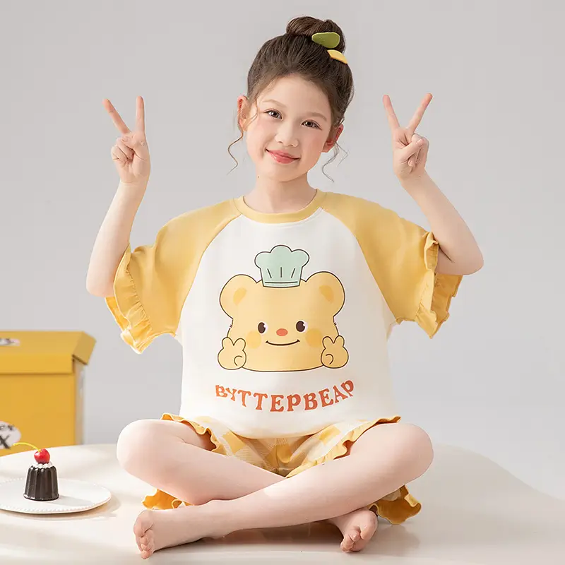 Girls Cartoon Pajamas Summer Cotton Red White Medium