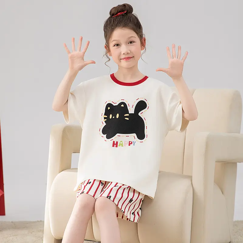 Girls Cartoon Pajamas Summer Cotton Red White Medium