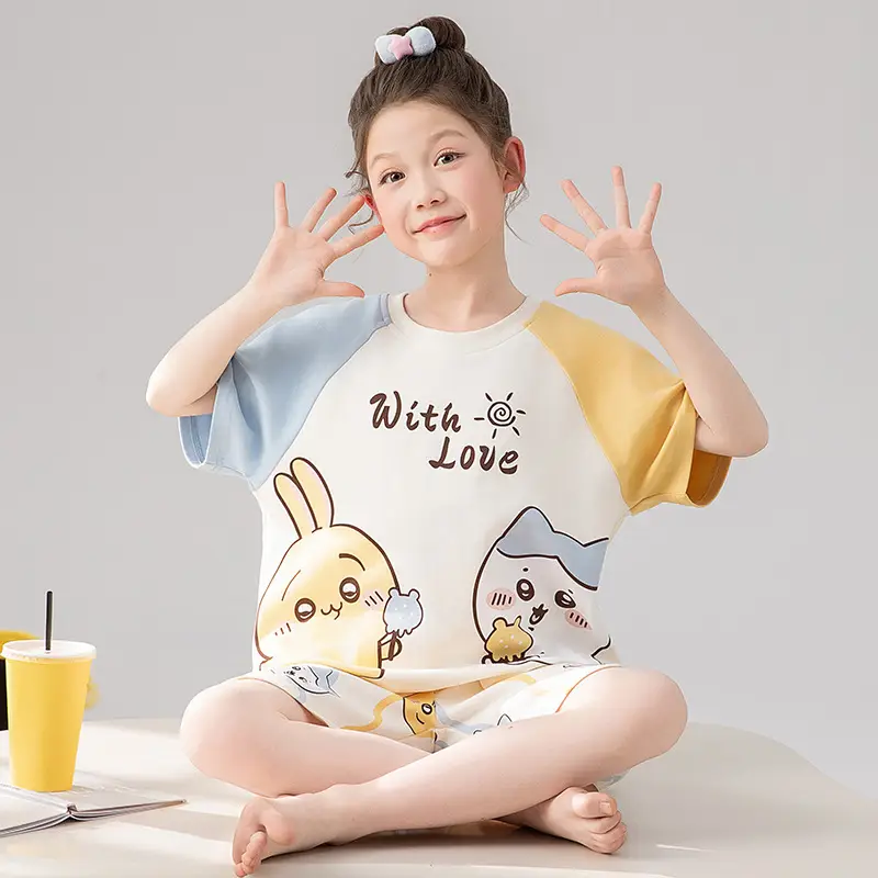 Girls Cartoon Pajamas Summer Cotton Red White Medium