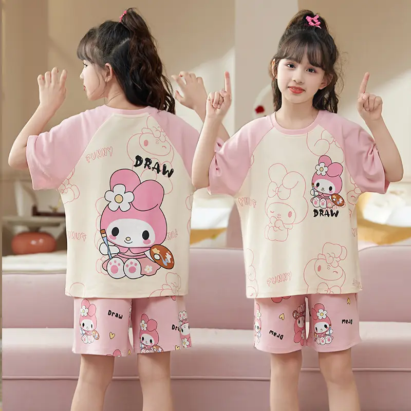 Girls Cartoon Pajamas Summer Cotton Red White Medium