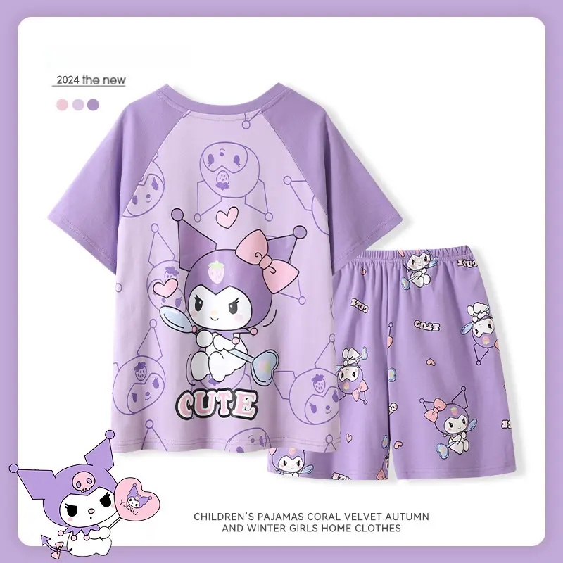 Girls Cartoon Pajamas Summer Cotton Red White Medium