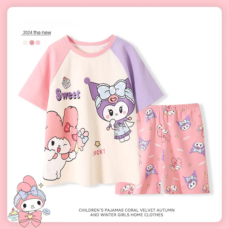 Girls Cartoon Pajamas Summer Cotton Red White Medium