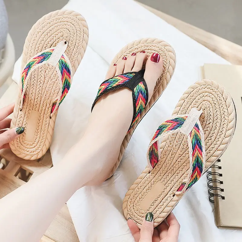 2022 Straw Imitation Travel Hemp Sole Korean-tide Flip-flops Beach Flat Low Heel Flip-flops Women's Sandals for Outer Wear - Image 2