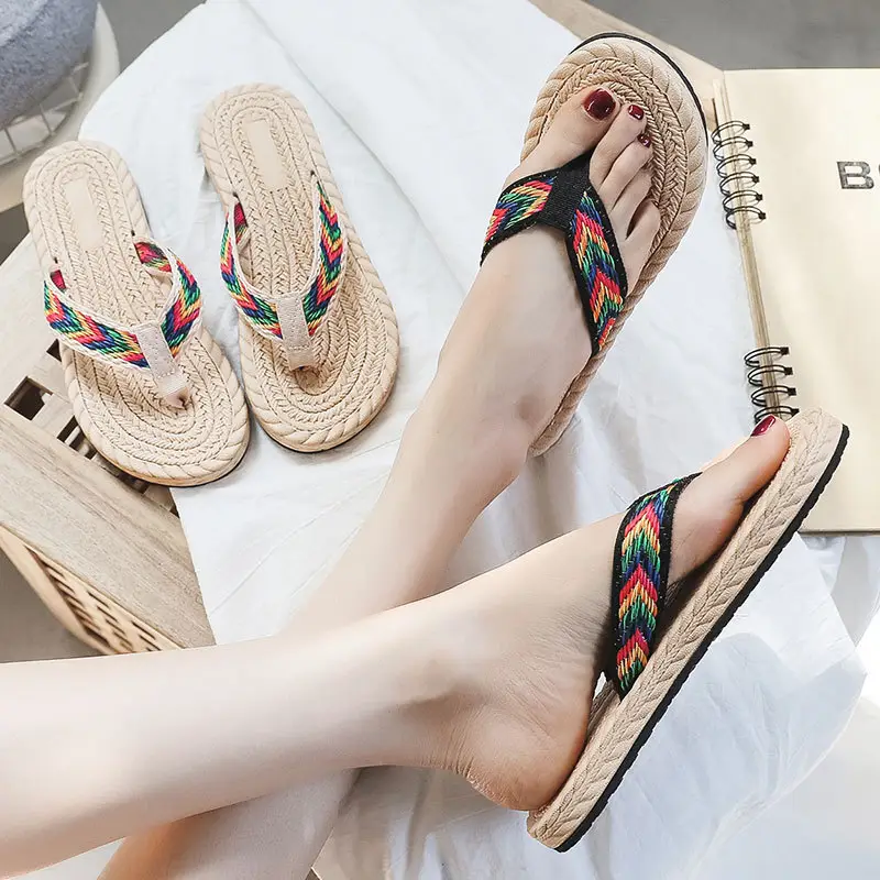2022 Straw Imitation Travel Hemp Sole Korean-tide Flip-flops Beach Flat Low Heel Flip-flops Women's Sandals for Outer Wear - Image 3