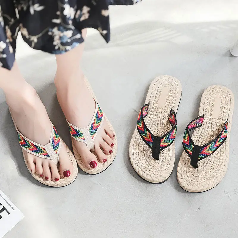 2022 Straw Imitation Travel Hemp Sole Korean-tide Flip-flops Beach Flat Low Heel Flip-flops Women's Sandals for Outer Wear - Image 4