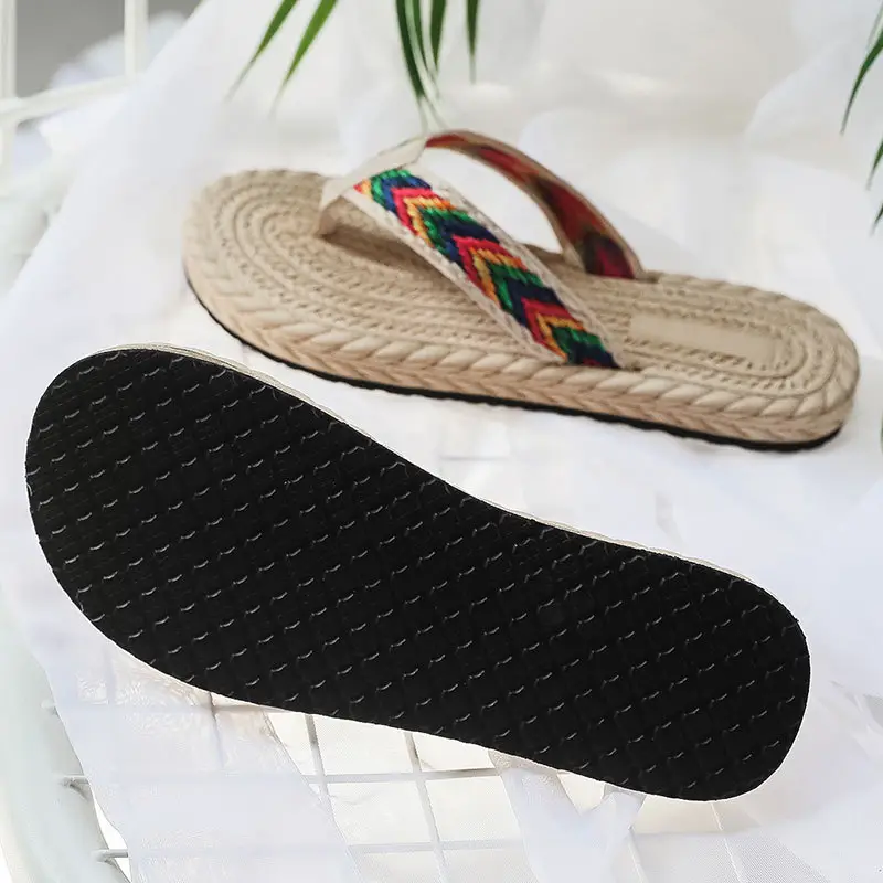 2022 Straw Imitation Travel Hemp Sole Korean-tide Flip-flops Beach Flat Low Heel Flip-flops Women's Sandals for Outer Wear - Image 5