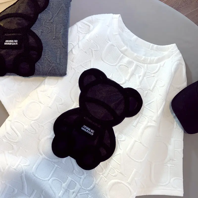 Women Bear Print Thick T-Shirt White Black - Image 7