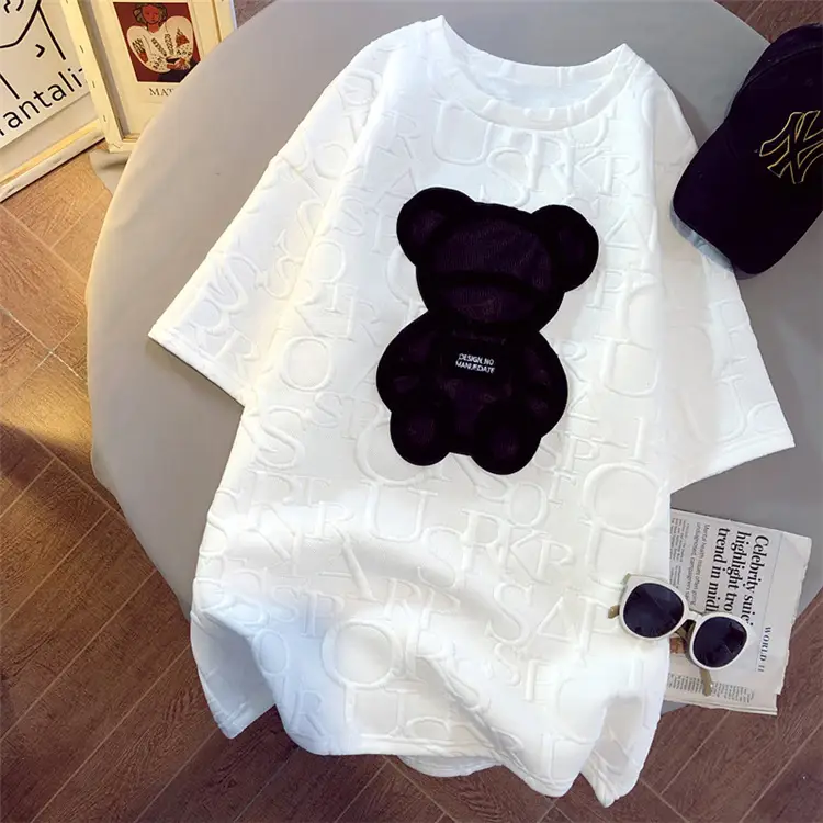 Women Bear Print Thick T-Shirt White Black — feature 9