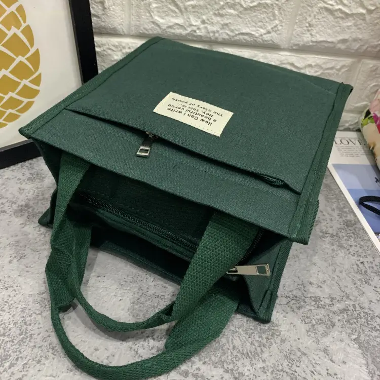 Portable Japanese Canvas Lunch Bag Unisex Green - Image 6