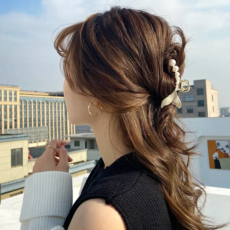 Gold Pearl Fishtail Hairpin Small Grab Clip for Women - Image 13