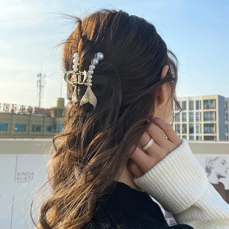 Gold Pearl Fishtail Hairpin Small Grab Clip for Women - Image 14