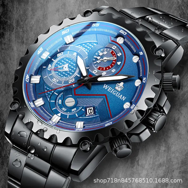 Men's Blue Chronograph Watch with Calendar & Leather Strap - Image 8