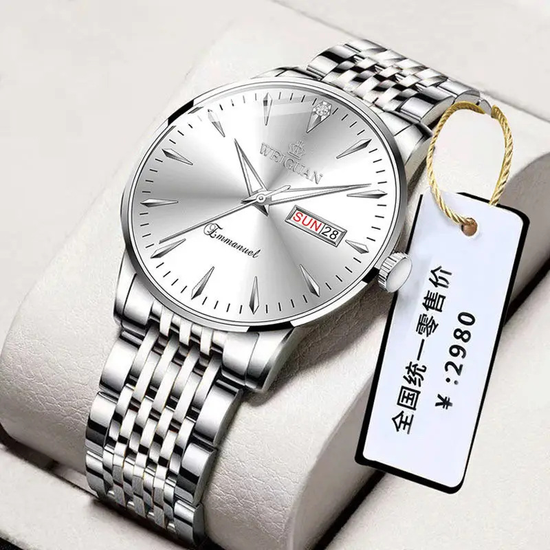 Full Automatic Fashion Men's Double Calendar Luminous Waterproof Watch Steel Business Non-mechanical Quartz Watch Men's Hair