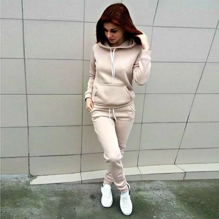 Women Fleece Hoodie Sweatpants Beige Winter Casual