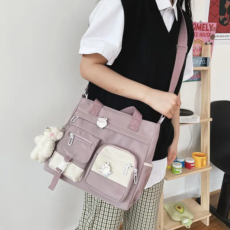 Korean Style Shoulder Bag for Girls, Purple with White Embroidery, Large Capacity - Image 12