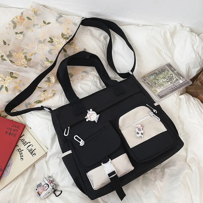 Korean Style Shoulder Bag for Girls, Purple with White Embroidery, Large Capacity - Image 3