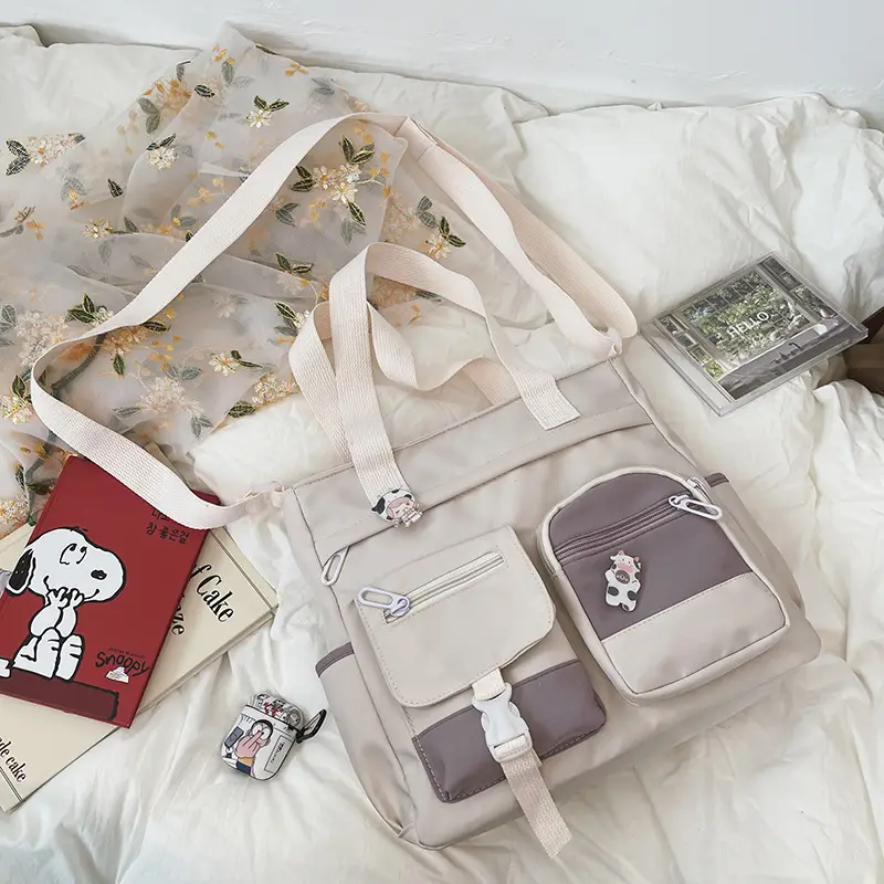Korean Style Shoulder Bag for Girls, Purple with White Embroidery, Large Capacity - Image 4