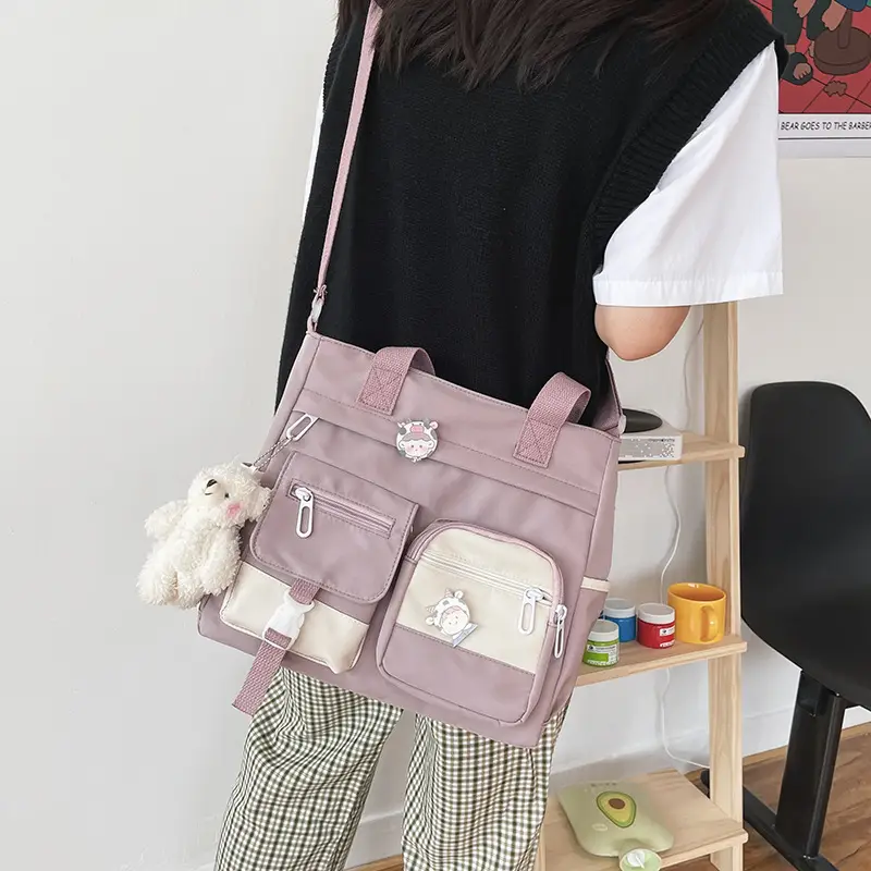 Korean Style Shoulder Bag for Girls, Purple with White Embroidery, Large Capacity - Image 5