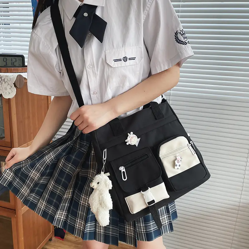 Korean Style Shoulder Bag for Girls, Purple with White Embroidery, Large Capacity - Image 7