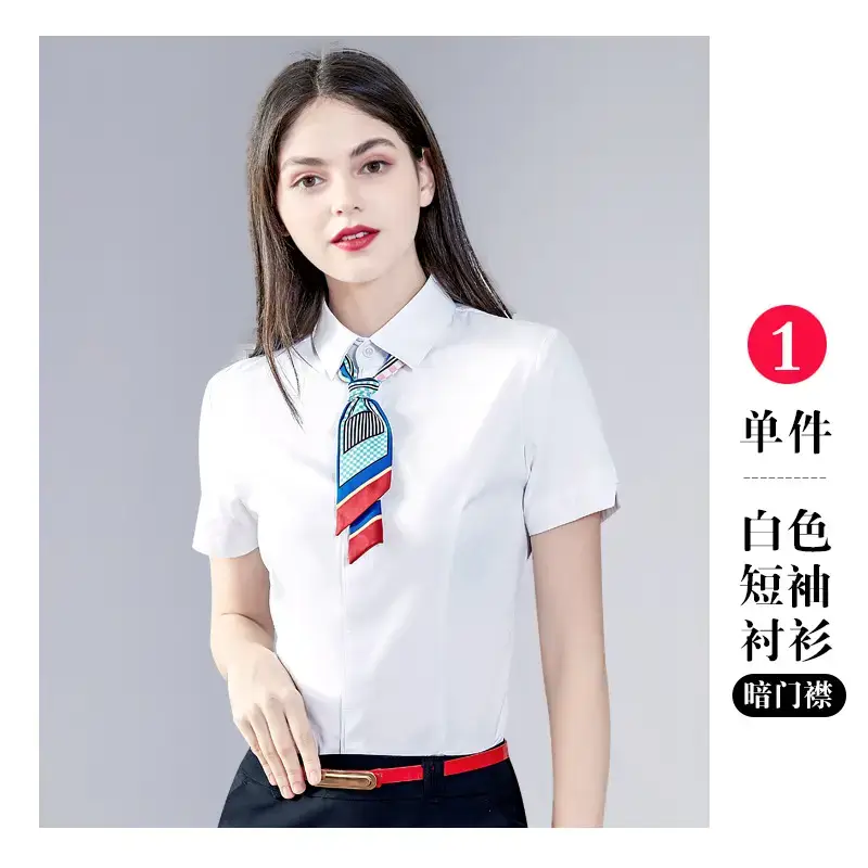 Women Short Sleeve Business Shirts Light Blue - Image 9