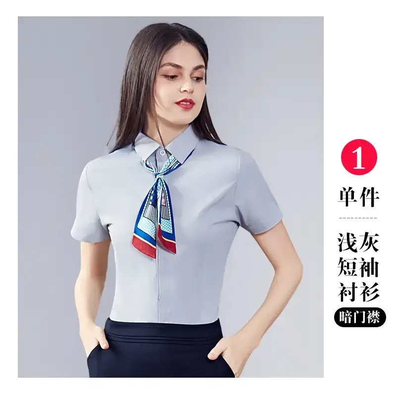 Women Short Sleeve Business Shirts Light Blue - Image 11