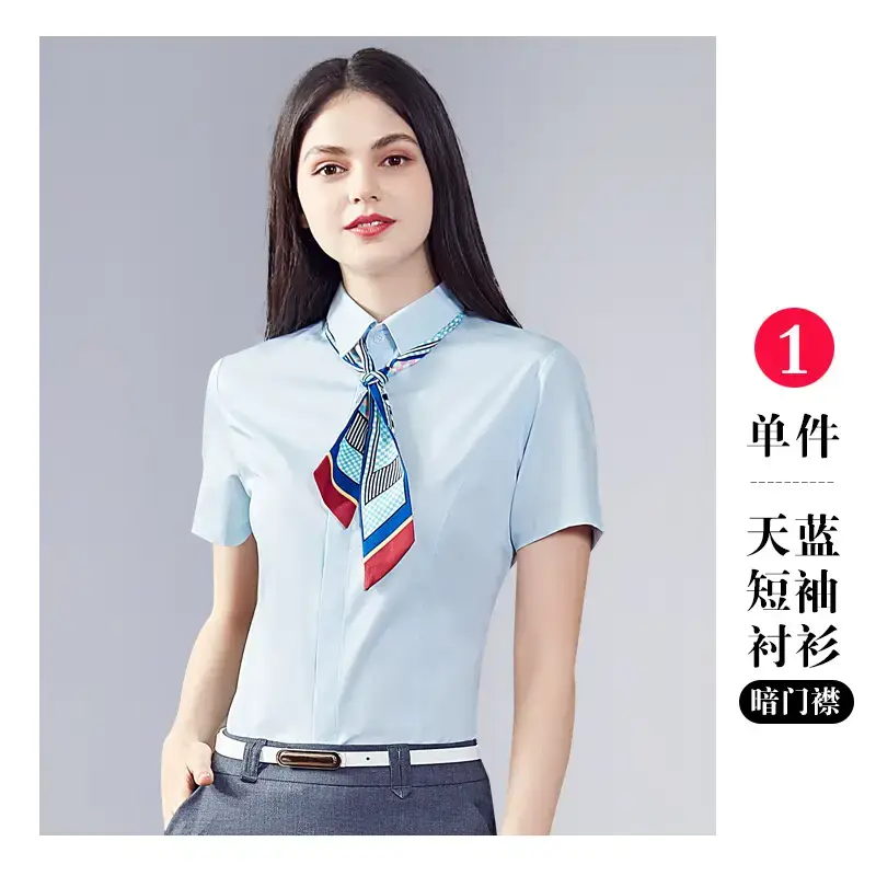 Women Short Sleeve Business Shirts Light Blue - Image 12