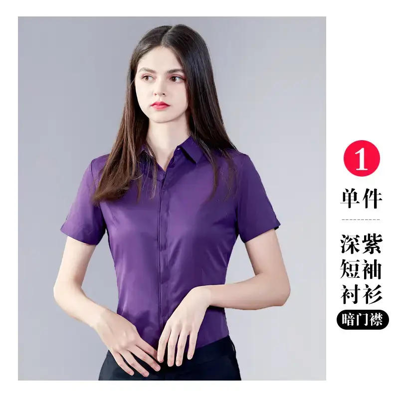 Women Short Sleeve Business Shirts Light Blue - Image 13