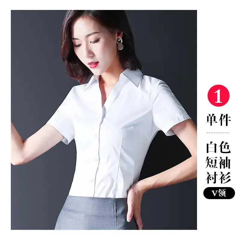 Women Short Sleeve Business Shirts Light Blue - Image 15
